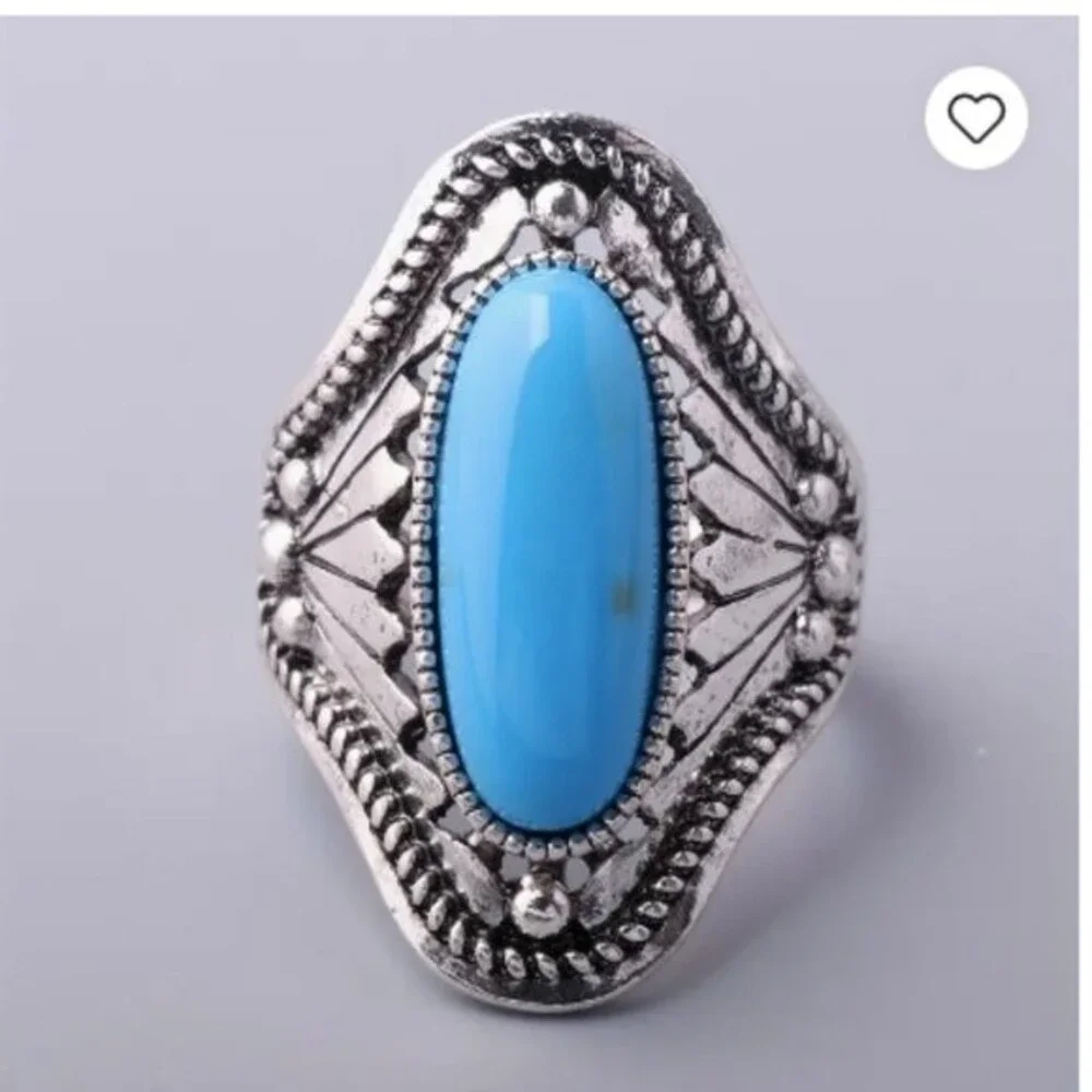 Southwestern Textured Blue silver Long Oval Ring size 7 Bohemian *